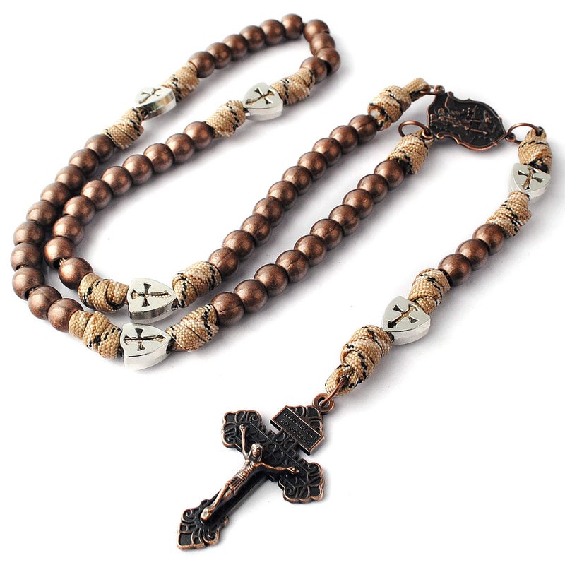 HanlinCC Large and Heavy Antique Copper Metal Beads Rugged Durable Paracord Rosary Necklace with St.Michael Center Piece and Pardon Crucifix for Men (Antique Copper St.Michael Paracord Rosary) - Image 4