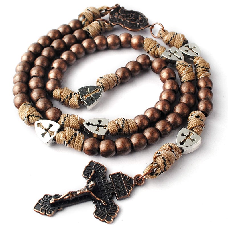 HanlinCC Large and Heavy Antique Copper Metal Beads Rugged Durable Paracord Rosary Necklace with St.Michael Center Piece and Pardon Crucifix for Men (Antique Copper St.Michael Paracord Rosary) - Image 5