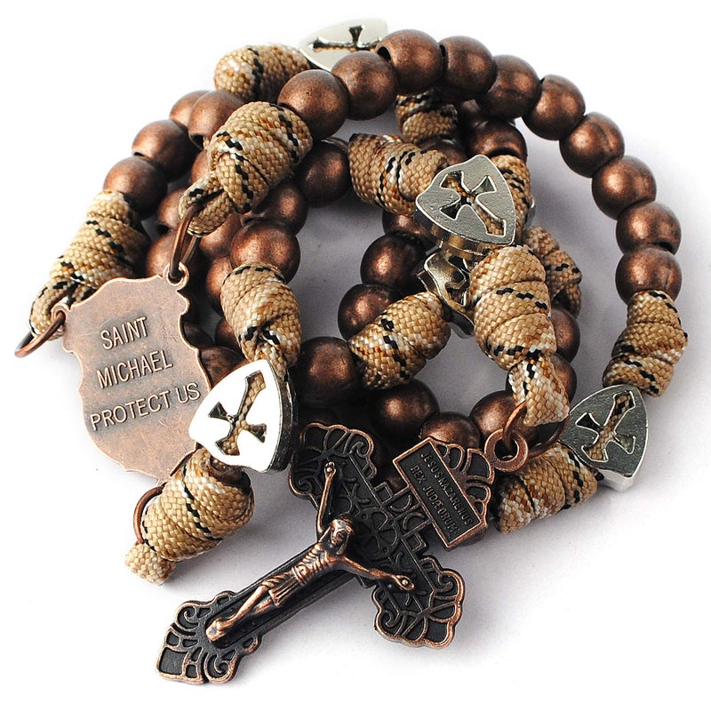 HanlinCC Large and Heavy Antique Copper Metal Beads Rugged Durable Paracord Rosary Necklace with St.Michael Center Piece and Pardon Crucifix for Men (Antique Copper St.Michael Paracord Rosary) - Image 3