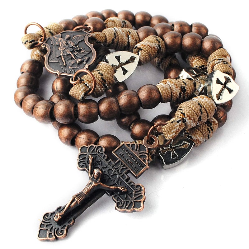 HanlinCC Large and Heavy Antique Copper Metal Beads Rugged Durable Paracord Rosary Necklace with St.Michael Center Piece and Pardon Crucifix for Men (Antique Copper St.Michael Paracord Rosary) - Image 1