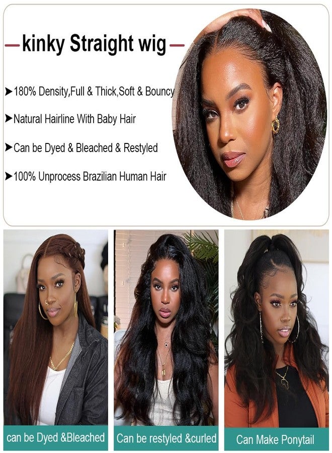 veravicky Kinky Straight Wig Human Hair 14 inch Glueless Kinky Straight 13x4 Lace Front Wig Pre Plucked HairLine with Baby Hair 180% Density Yaki Straight Wigs Natural Black Color - Image 4