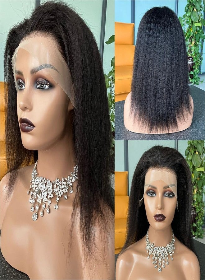 veravicky Kinky Straight Wig Human Hair 14 inch Glueless Kinky Straight 13x4 Lace Front Wig Pre Plucked HairLine with Baby Hair 180% Density Yaki Straight Wigs Natural Black Color - Image 2