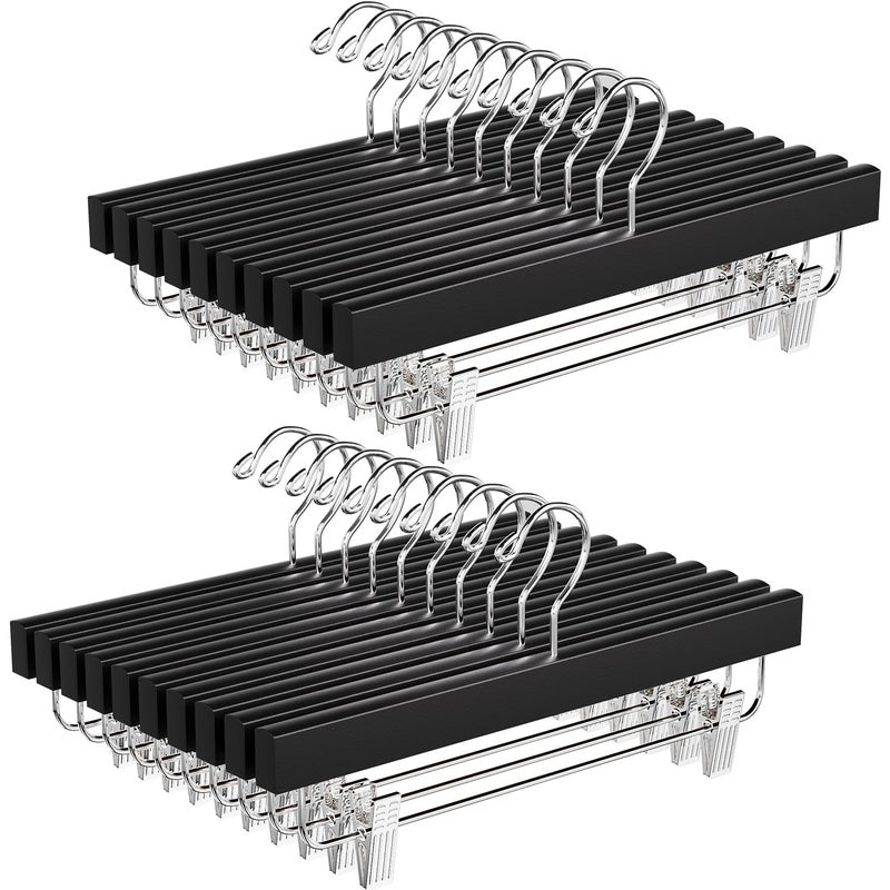 BAGAIL 20 Pack Wooden Pants Hangers with Adjustable Clips, 360Â°Swivel Hook Space Saving Skirt Holders with Anti-Rust Clips for Trousers, Jeans, Shorts (Black) - Image 1