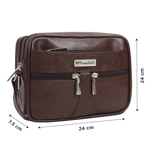 NFI essentials Men's PU Leather Handy Pouch Wrist Bag for Travel, Business & Daily Use Multi-Zipper Organizer & Toiletry Kit Secure Wrist Strap Dark Brown (24 x 7.5 x 18 cm) - Image 4