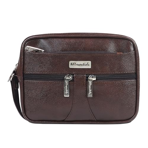 NFI essentials Men's PU Leather Handy Pouch Wrist Bag for Travel, Business & Daily Use Multi-Zipper Organizer & Toiletry Kit Secure Wrist Strap Dark Brown (24 x 7.5 x 18 cm) - Image 1