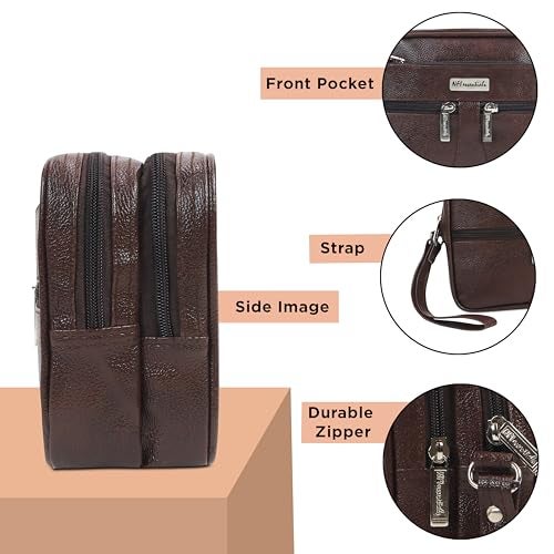 NFI essentials Men's PU Leather Handy Pouch Wrist Bag for Travel, Business & Daily Use Multi-Zipper Organizer & Toiletry Kit Secure Wrist Strap Dark Brown (24 x 7.5 x 18 cm) - Image 2