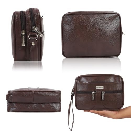 NFI essentials Men's PU Leather Handy Pouch Wrist Bag for Travel, Business & Daily Use Multi-Zipper Organizer & Toiletry Kit Secure Wrist Strap Dark Brown (24 x 7.5 x 18 cm) - Image 3