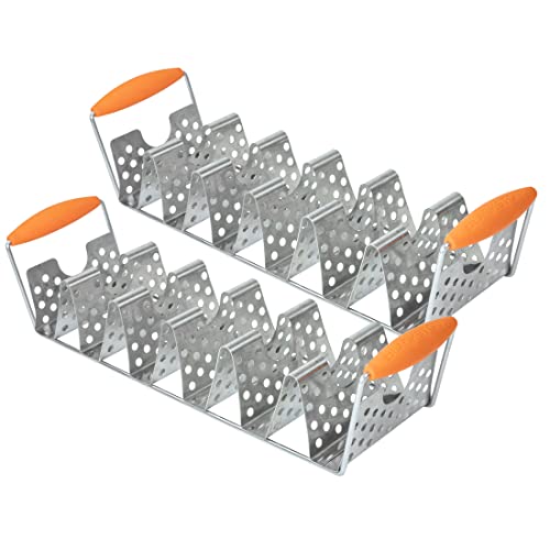 BLACKSTONE 5173 Deluxe Holder Stand Pack of 2 Stainless Steel Racks with Heat Resistant Handles-One Tray Holds 6 Tacos-Dishwasher Safe, Orange/Silver - Image 1