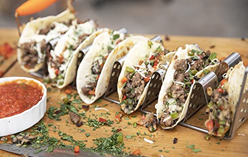BLACKSTONE 5173 Deluxe Holder Stand Pack of 2 Stainless Steel Racks with Heat Resistant Handles-One Tray Holds 6 Tacos-Dishwasher Safe, Orange/Silver - Image 3