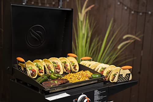BLACKSTONE 5173 Deluxe Holder Stand Pack of 2 Stainless Steel Racks with Heat Resistant Handles-One Tray Holds 6 Tacos-Dishwasher Safe, Orange/Silver - Image 2