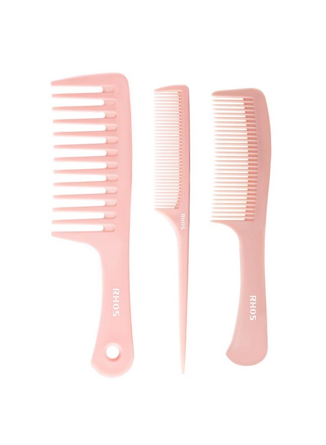 RHOS Hos 3 Pieces Hair Comb Set For Womenwide Tooth Comb Rat Tail Comb For Parting Teasingdetangling Hair Combs For Curly/Straight/Short/Wet Hair Antistatic Heat Resistant Hair Styling Comb Set(Pink) - Image 1