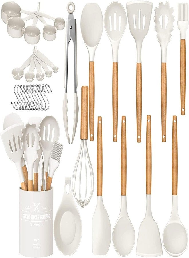 Umite Chef Kitchen Cooking Utensils Set, 33 pcs Non-stick Silicone Cooking Kitchen Utensils Spatula Set with Holder, Wooden Handle Silicone Kitchen Gadgets Utensil Set (Cream White) - Image 1