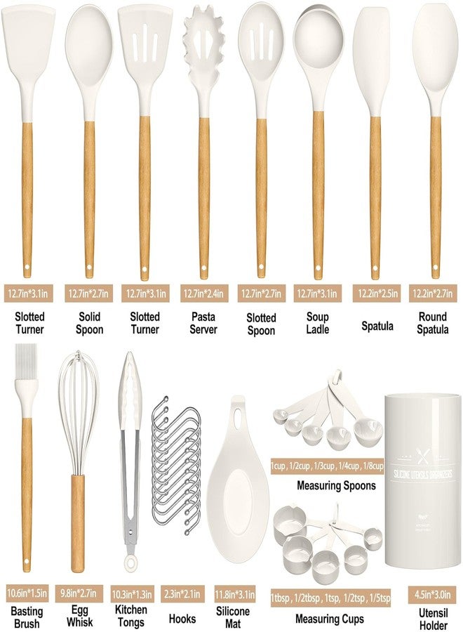 Umite Chef Kitchen Cooking Utensils Set, 33 pcs Non-stick Silicone Cooking Kitchen Utensils Spatula Set with Holder, Wooden Handle Silicone Kitchen Gadgets Utensil Set (Cream White) - Image 2