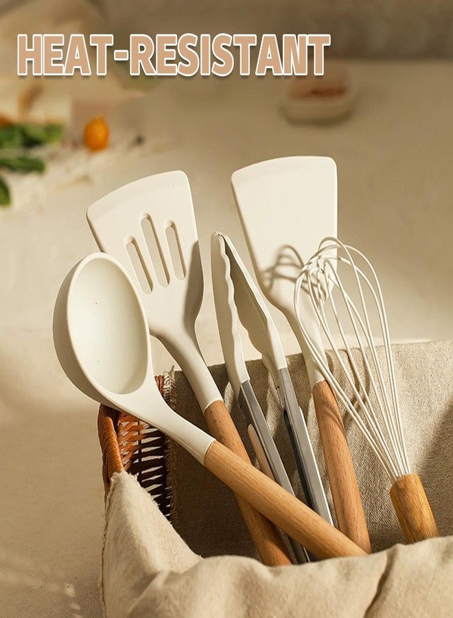 Umite Chef Kitchen Cooking Utensils Set, 33 pcs Non-stick Silicone Cooking Kitchen Utensils Spatula Set with Holder, Wooden Handle Silicone Kitchen Gadgets Utensil Set (Cream White) - Image 5