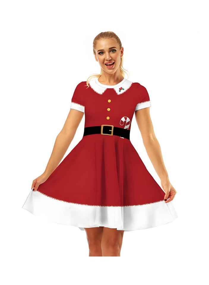 إسكدنيا النساء قصيرة الأكمام مطبوعة زي فستان عناصر عيد الميلاد فستان - Image 1