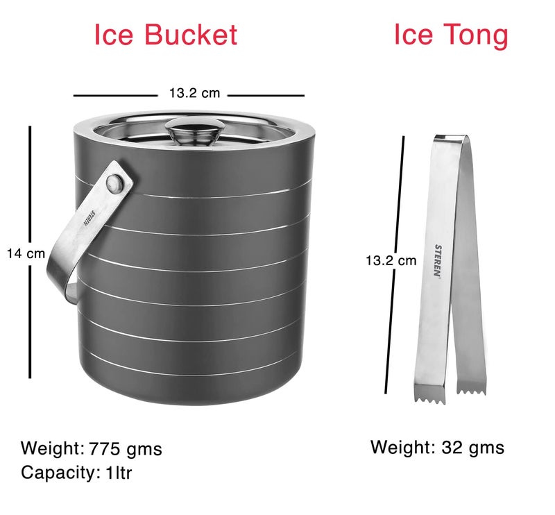 Steren Impex | Stainless Steel Double Wall Ice Bucket with Tong - Gun Metal Ring Design, Small, 1L - Image 3