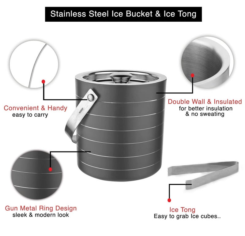 Steren Impex | Stainless Steel Double Wall Ice Bucket with Tong - Gun Metal Ring Design, Small, 1L - Image 4