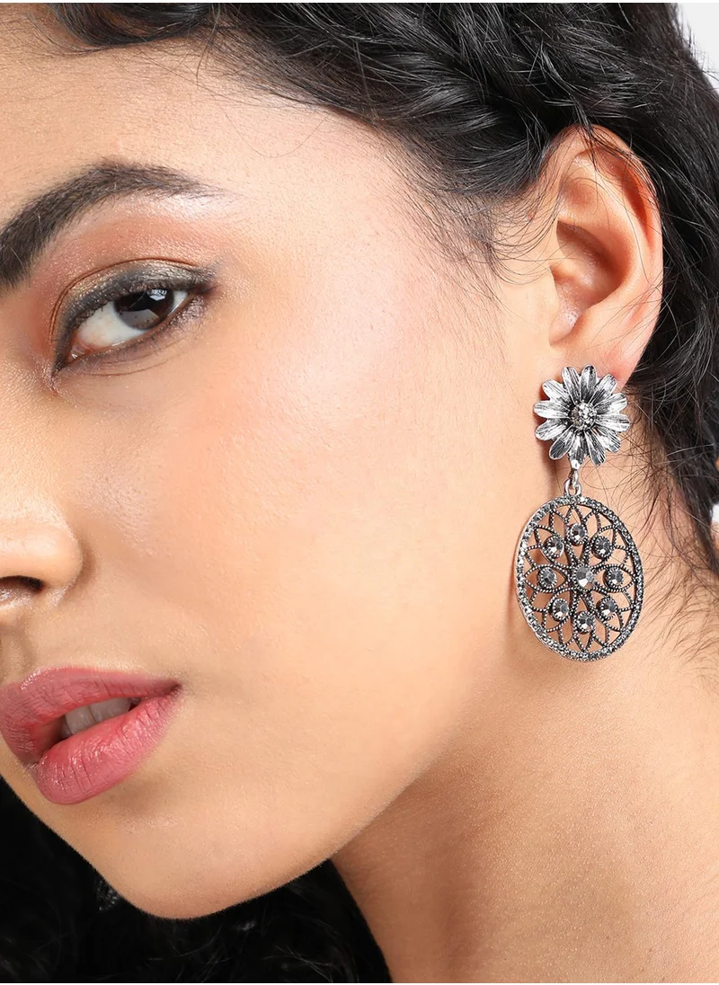 SOHI Intricate Daisy Circular Drop Earrings - Silver-Colour