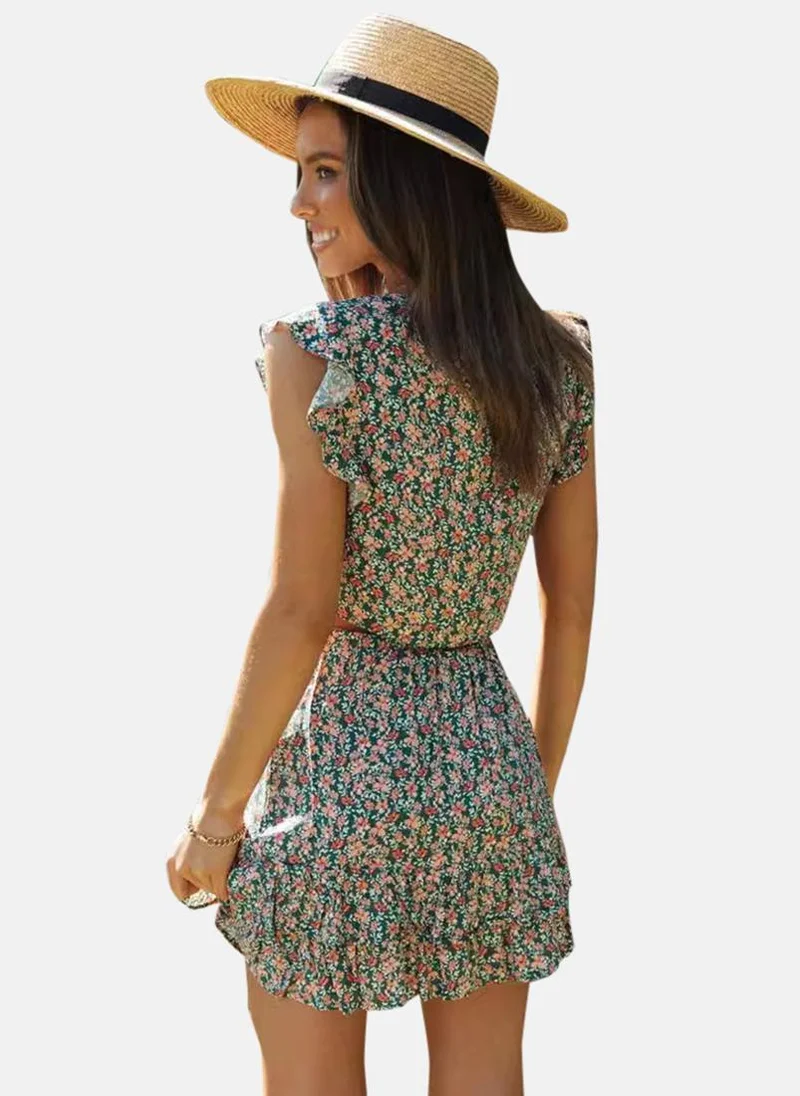 YUNIQEE Green V Neck Floral Print Top With Skirt