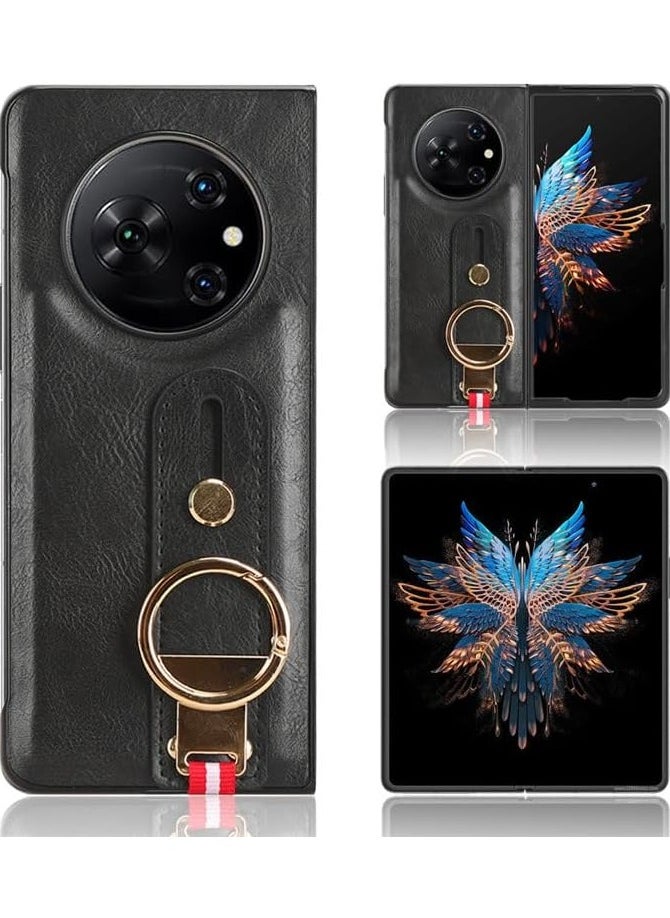 VKL Tecno Phantom V Fold Shockproof Wristband Ring Bracket Back Cover For Phantom V Fold Protective Leather Phone Case (Black)  - Image 1