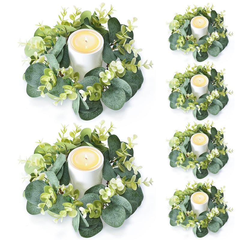 IWNTWY 6Pcs Candle Rings Artificial Eucalyptus Wreath Candles Wreaths Small Greenery Farmhouse Wreath for Door Wedding Centerpieces Home Party Table Decor 4 ID  98 OD