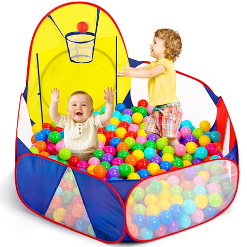 Eocolz Kids Ball Pit Large Pop Up Childrens Ball Pits Tent for Toddlers Playhouse Baby Crawl Playpen with Basketball Hoop and Zipper Storage Bag 4 Ft120CM Balls Not Included Blue Yellow Red - Image 1