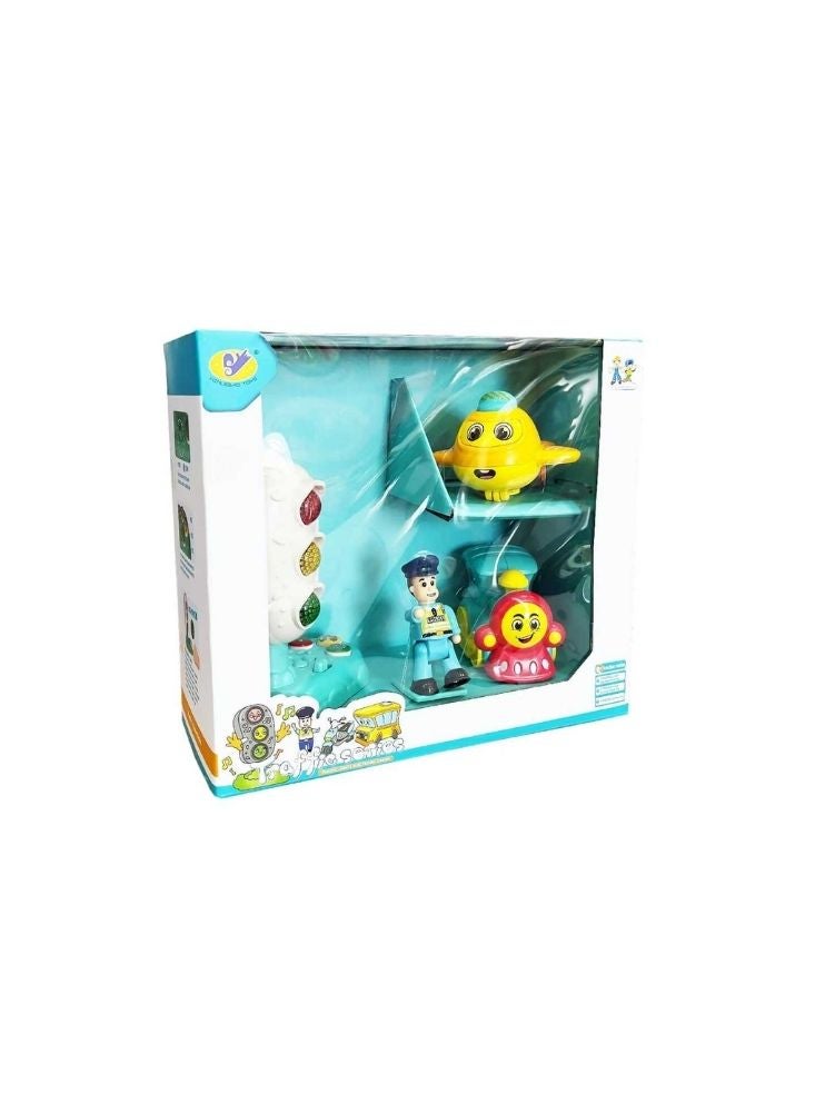 بريميم مجموعة ألعاب إشارات المرور للأطفال مع شخصية شرطي وطائرة ومركبات، مجموعة ألعاب تعليمية - Image 1