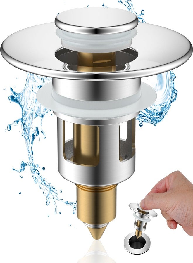 Hibbent All Metal Universal Bathroom Sink Stopper for 1.1''~2.3'' Basin, Pop Up Sink Drain Strainer, Brass Bullet Core Push Type Stopper, Stainless Steel Anti Clogging Drain Filter, Chrome - Image 1