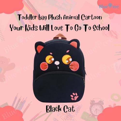 blue tree School Bag for Cute Kids for (1-6 Years), Preschool Soft Plush Black Cat Bag for toddlers, Mini Cartoon Backpack for Baby Boys and Girls - Image 2