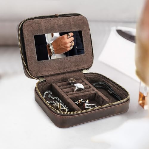 CONTACTS Full Grain Leather Jewelry Box for Men Travel Jewelry Organizer by Handmade Zipper Jewelry Cufflinks Ring Necklace Bracelet Storage Case with Mirror Rectangularmirror Coffee - Image 3