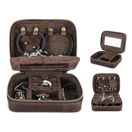 CONTACTS Full Grain Leather Jewelry Box for Men Travel Jewelry Organizer by Handmade Zipper Jewelry Cufflinks Ring Necklace Bracelet Storage Case with Mirror Rectangularmirror Coffee - Image 1