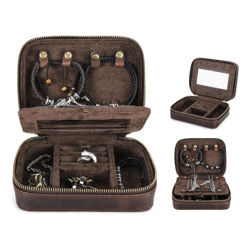CONTACTS Full Grain Leather Jewelry Box for Men Travel Jewelry Organizer by Handmade Zipper Jewelry Cufflinks Ring Necklace Bracelet Storage Case with Mirror Rectangularmirror Coffee - Image 2