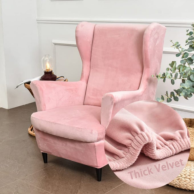 WINGBACK CHAIR COVERS 2 PIECE STRETCH WING CHAIR SLIPCOVER FASHION SOLID COLOR VELVET STRANDMON SOFA COVER FURNITURE PROTECTOR FOR ARMCHAIR CHAIRS LIVING ROOM BEDROOM HOTEL PINK