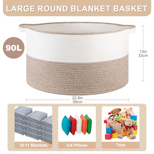 OIASKET Large Blanket Basket with Handles 228 x 228 x 13 Woven Storage Basket for Living Room Cotton Rope Baby Toy Storage for Clothes Pillows TowelsBrown White - Image 3