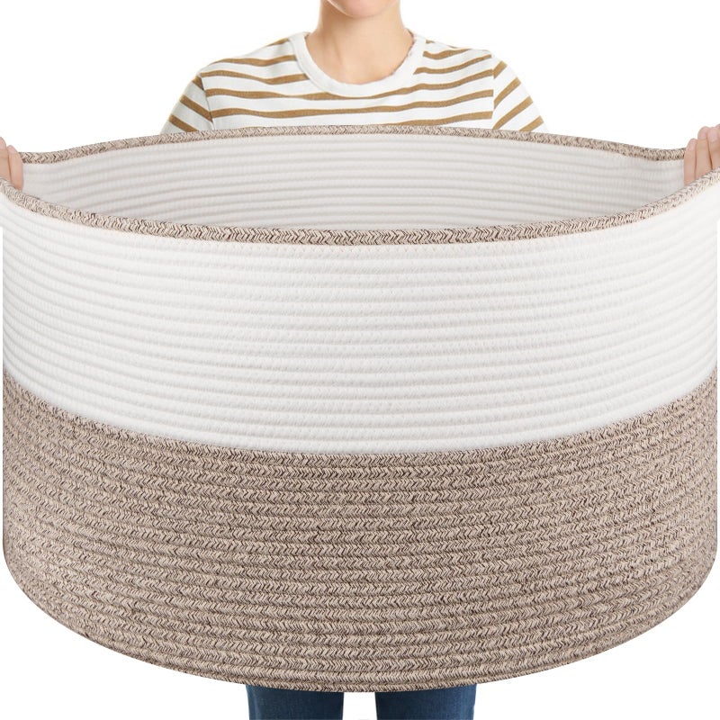OIASKET Large Blanket Basket with Handles 228 x 228 x 13 Woven Storage Basket for Living Room Cotton Rope Baby Toy Storage for Clothes Pillows TowelsBrown White - Image 2