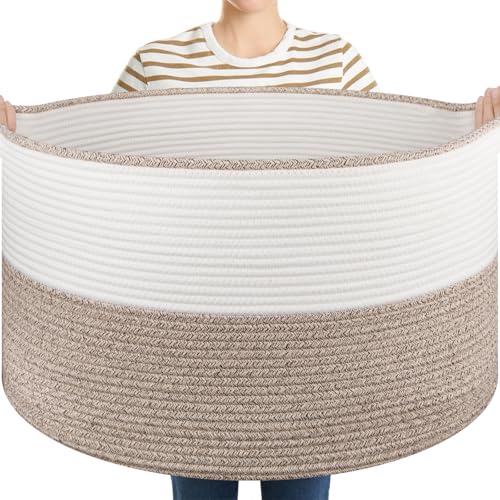 OIASKET Large Blanket Basket with Handles 228 x 228 x 13 Woven Storage Basket for Living Room Cotton Rope Baby Toy Storage for Clothes Pillows TowelsBrown White - Image 1