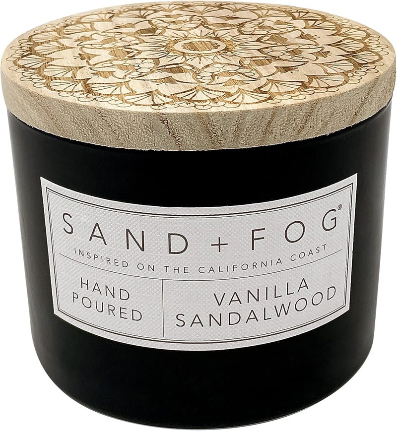 Sand + Fog Scented Candles for Home Jar Candles Vanilla Sandalwood 12 Oz Black - Image 1
