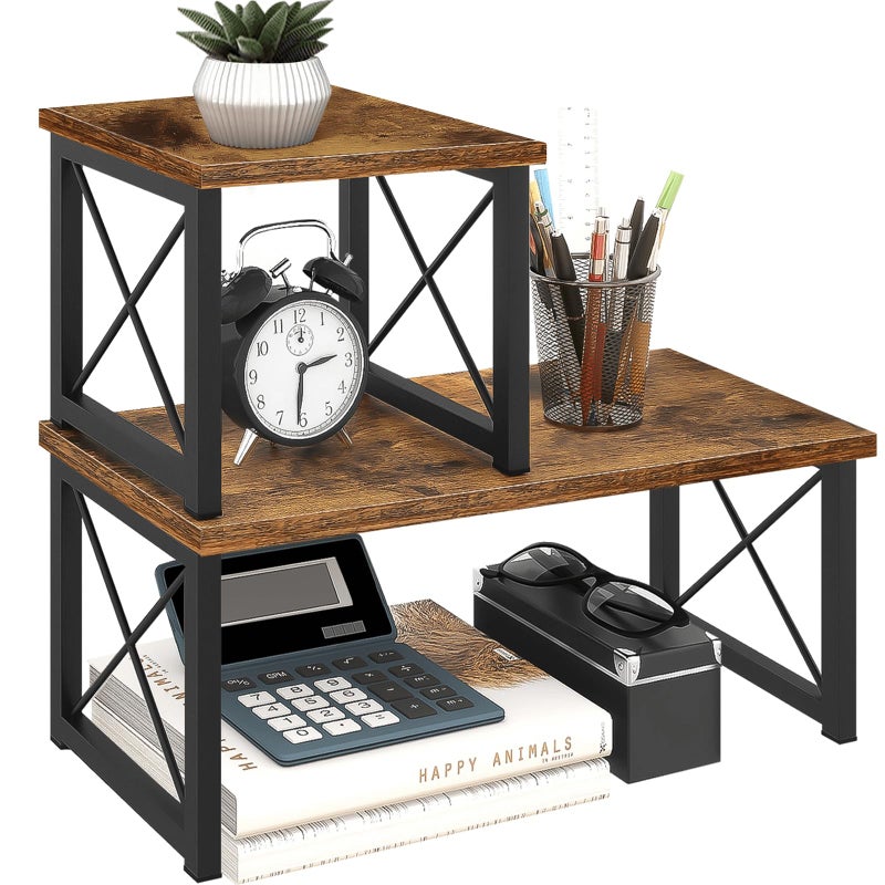 ELITEROO Wood Desktop Shelf, 2 Tier Adjustable Small Bookshelf Organizer, Freestanding Stackable Desk Stand, Storage Organizers, Kitchen Counter Display Rack, Rustic Brown - Image 1