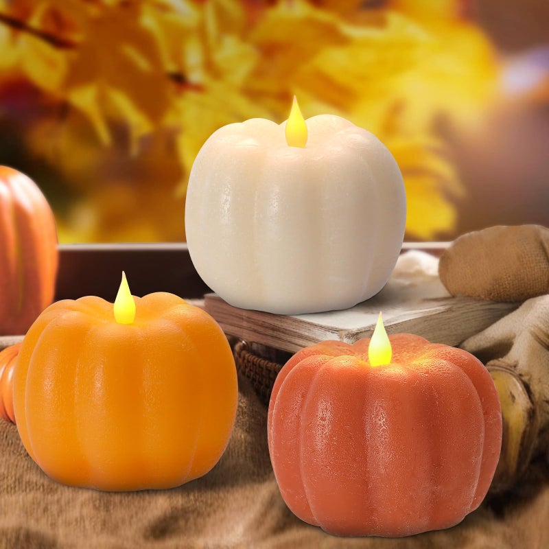 Leorate 3PCS Fall Flameless Pumpkin Candles BatteryPowered Flickering Candle with Timer Remote Control Thanksgiving Gifts Autumn Farmhouse Rustic Harvest Decor for Tiered Tray Table Indoor - Image 2