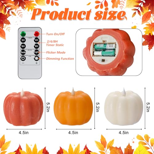Leorate 3PCS Fall Flameless Pumpkin Candles BatteryPowered Flickering Candle with Timer Remote Control Thanksgiving Gifts Autumn Farmhouse Rustic Harvest Decor for Tiered Tray Table Indoor - Image 3