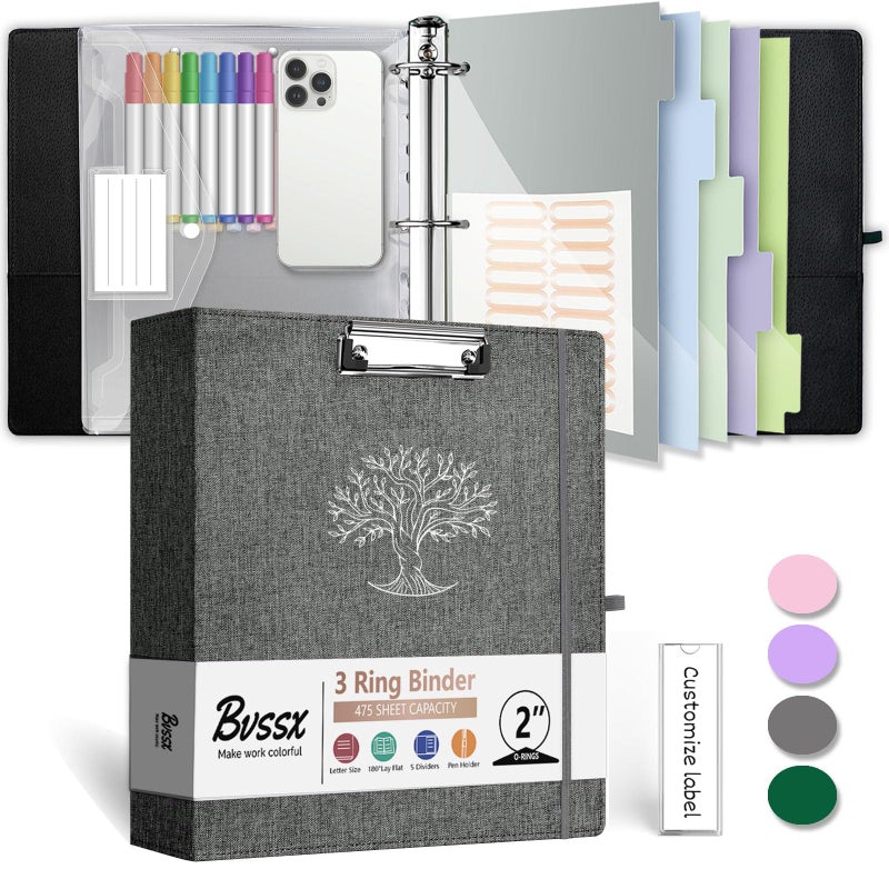 Bvssx 3 Ring Binder  2 Inch Three Ring Linen Leather Binders Organizer With Clipboard For Letter Size Paper  Transparent Folder  5 Tab Dividers  File Folder Labels  Pen Loop  Elastic Strap (Dark Grey) - Image 1