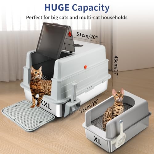 Bartuke XXXL Stainless Steel Litter Box with Lid, Extra Large 28" L x 20" W x 17" H Enclosed Metal Cat Litter Box with Litter Scoop & Foot Pedal, Odor Control for Big Cats, Multiple Cats (Light Grey) - Image 2