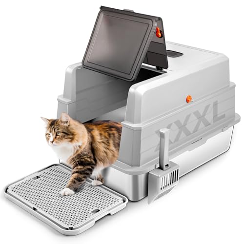 Bartuke XXXL Stainless Steel Litter Box with Lid, Extra Large 28" L x 20" W x 17" H Enclosed Metal Cat Litter Box with Litter Scoop & Foot Pedal, Odor Control for Big Cats, Multiple Cats (Light Grey) - Image 1