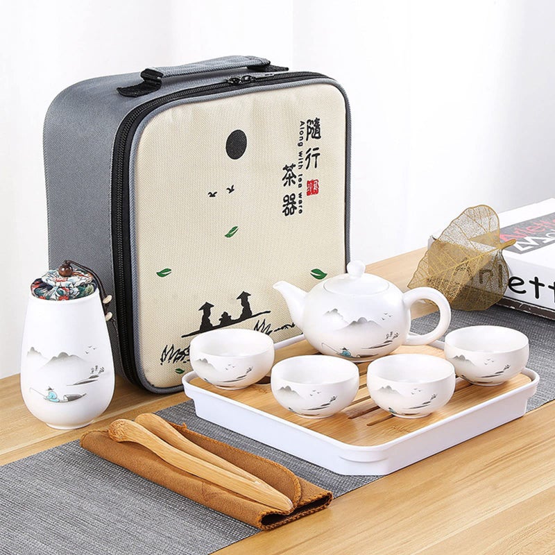 Japanese Tea SetChinese Tea Pot Cup Set withTeapotTeacupsTea CanisterTea TraySuitable for TravelHomeOffice and Outdoor Picnic Business HotelLandscape222