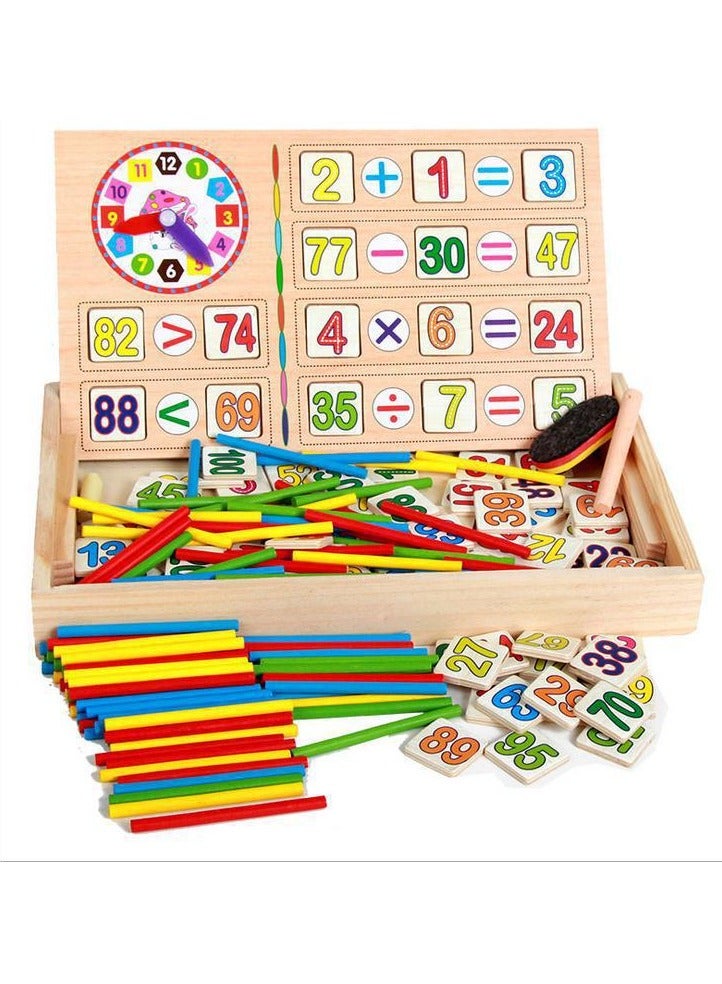 صندوق دراسة الحساب الخشبي، عصا ذكاء رياضي، عصي ذكاء رياضي، عصي ذكاء خشبية، قضبان العد، لعبة رياضيات تعليمية، لغز تعليمي، صندوق ألعاب قوي مع ساعة وسبورة - Image 1