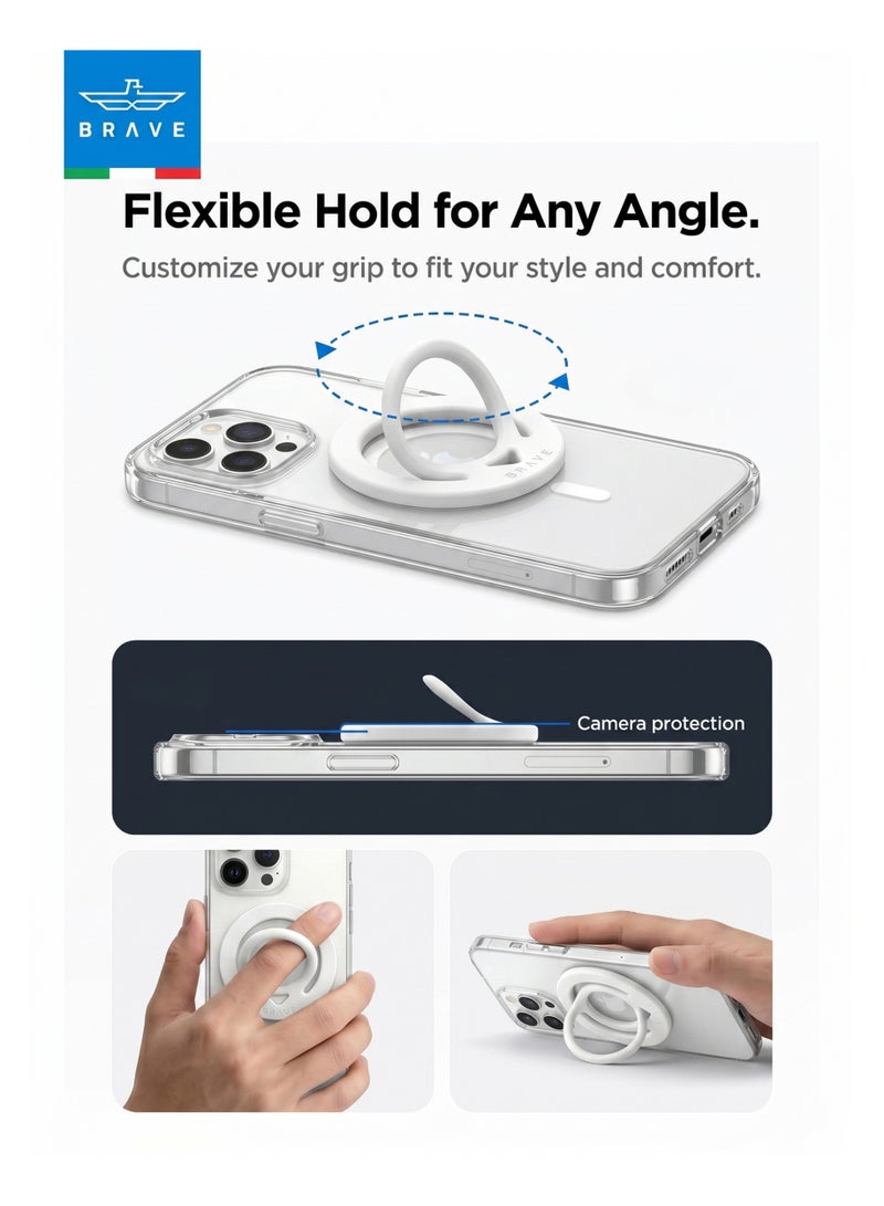 Brave Dual-Sided Magnetic Ring Holder – N55 Strong Magnetic MagSafe Compatible Silicone Phone Grip, Wireless Charging Support, Anti-Drop 360° Rotating Finger Strap, Universal Compatible with iPhone 17 Pro Max / 17 Pro / 17 / 16 / 15 / 14 / 13 / 12, Samsung Galaxy S25 Ultra / S25 / S24 / S23 / S22, All iOS & Android Devices with Metal Plate Attachment – White - Image 5