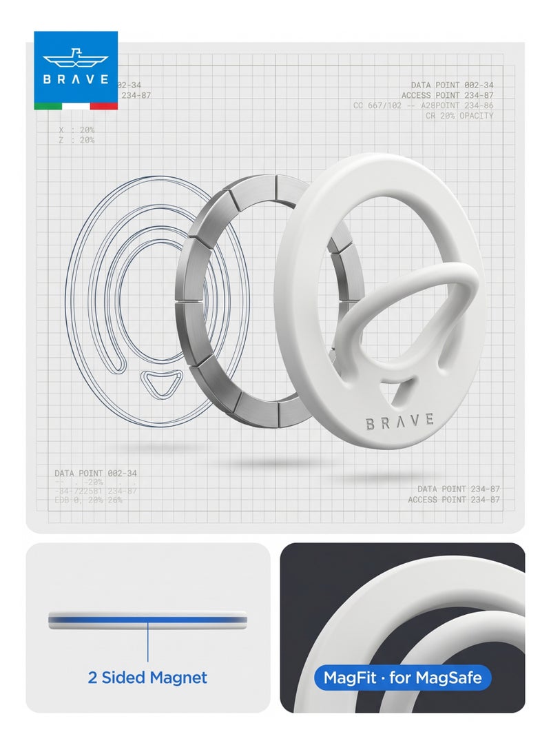 Brave Dual-Sided Magnetic Ring Holder – N55 Strong Magnetic MagSafe Compatible Silicone Phone Grip, Wireless Charging Support, Anti-Drop 360° Rotating Finger Strap, Universal Compatible with iPhone 17 Pro Max / 17 Pro / 17 / 16 / 15 / 14 / 13 / 12, Samsung Galaxy S25 Ultra / S25 / S24 / S23 / S22, All iOS & Android Devices with Metal Plate Attachment – White - Image 4