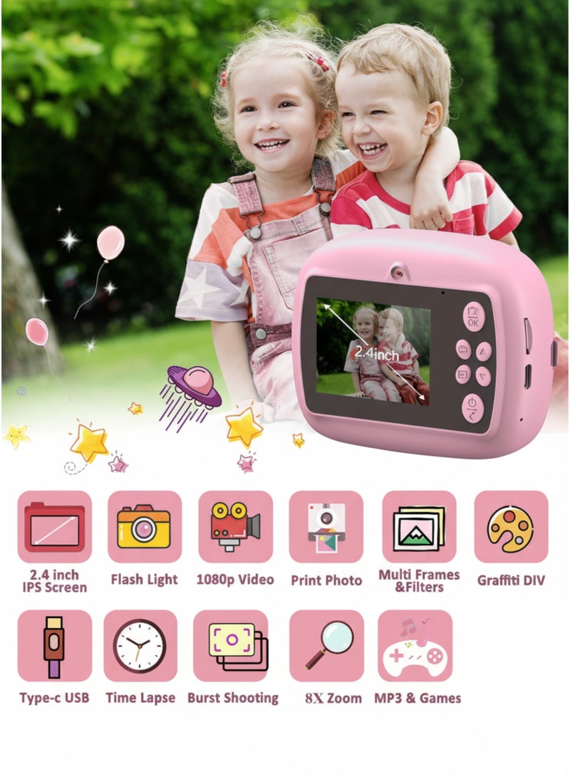 vexa pro Kids Instant Print Camera – 48MP Photo, 1080P HD Video, Inkless Thermal Print, DIY Pens & Paper - Pink - Image 2