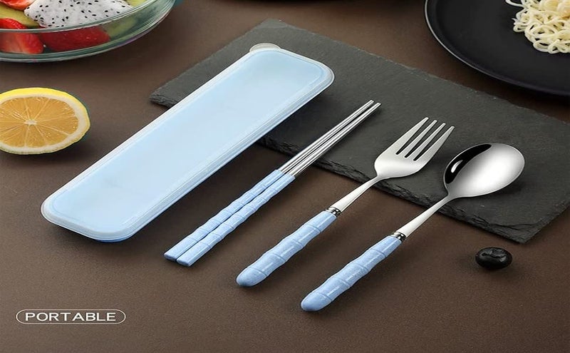 Home-Cloud Home Cloud Premium Stainless Steel Cutlery Set of 3-Piece (Spoon, Fork, Chopsticks) Including Travel Spoon Box - Exquisite Portable Tableware for Customized Gifts (Blue) - Image 5