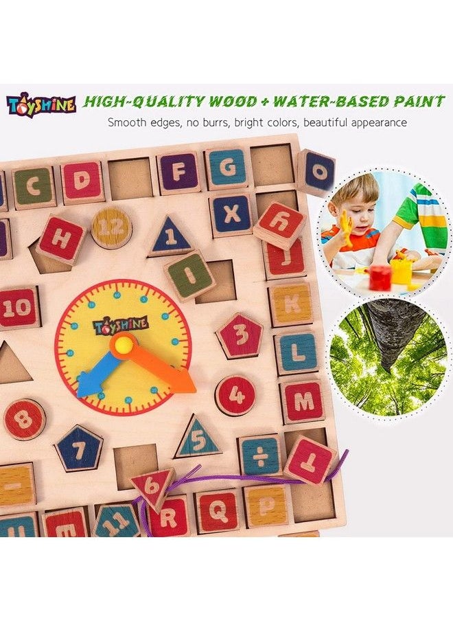 Toyshine - 3 In 1 Wooden Puzzle Clock Abc And Lacing Beads Shape Sorting Blocks Teaching Clock With Geometry Numbersmulti Color - Image 1